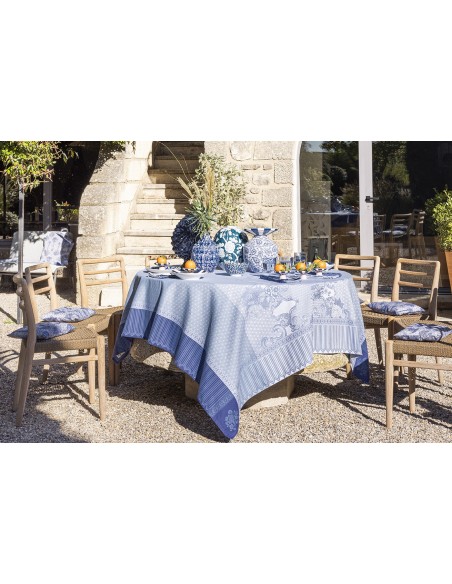 Nappe enduite sur mesure Promenade Impériale Lapis, Laize 180cm, Le Jacquard Français