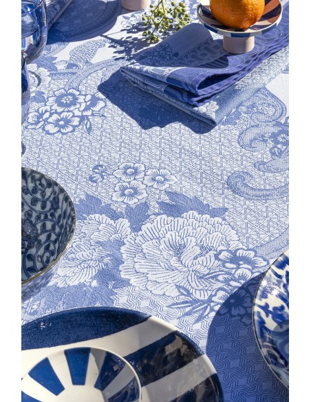 Nappe enduite sur mesure Promenade Impériale Lapis, Laize 180cm, Le Jacquard Français