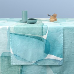 Chemin de table métis lin et coton lavé imprimé Aqua Minéral, Garnier-Thiébaut