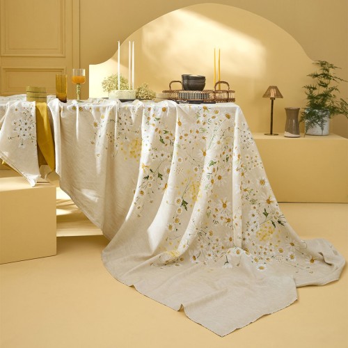 Nappe métis lin et coton lavé imprimé Daisy Chanvre, Garnier-Thiébaut 