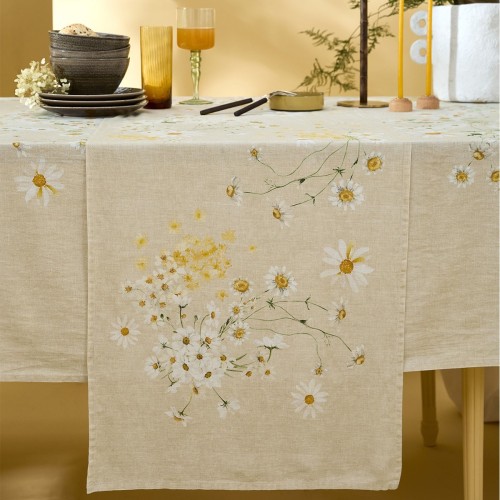 Chemin de table métis lin et coton lavé imprimé Daisy Chanvre, Garnier-Thiébaut