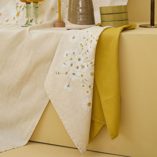 Serviettes de table métis lin et coton lavé imprimé Daisy Chanvre, Garnier-Thiébaut