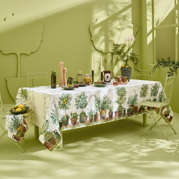 Nappe imprimée métis lin/coton lavé Jardin provençal Olive, Garnier-Thiébaut 