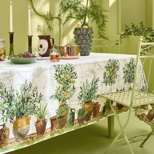Nappe imprimée métis lin/coton lavé Jardin provençal Olive, Garnier-Thiébaut 