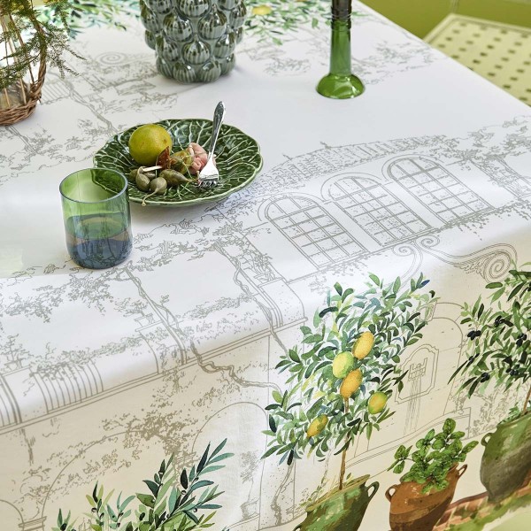 Nappe imprimée métis lin/coton lavé Jardin provençal Olive, Garnier-Thiébaut 