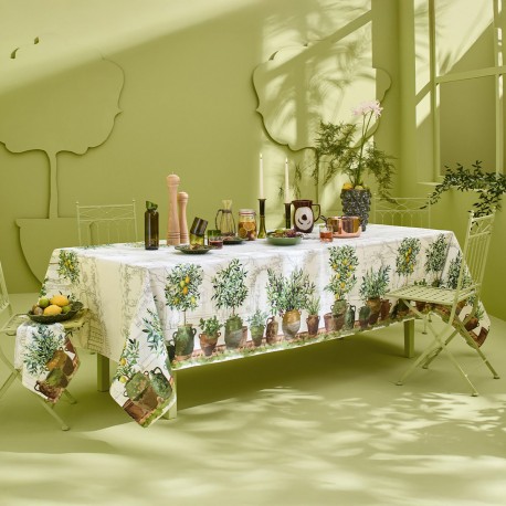 Nappe imprimé métis lin/coton lavé Jardin provençal Olive, Garnier-Thiébaut