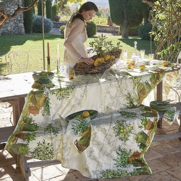 Nappe imprimé métis lin/coton lavé Jardin provençal Olive, Garnier-Thiébaut