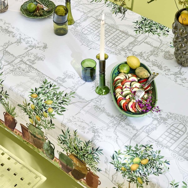 Nappe imprimé métis lin/coton lavé Jardin provençal Olive, Garnier-Thiébaut