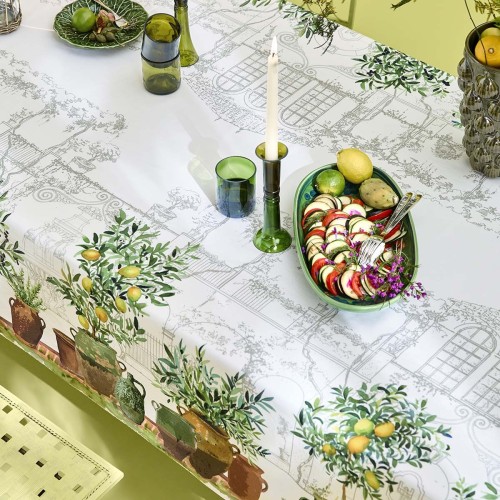 Nappe imprimé métis lin/coton lavé Jardin provençal Olive, Garnier-Thiébaut
