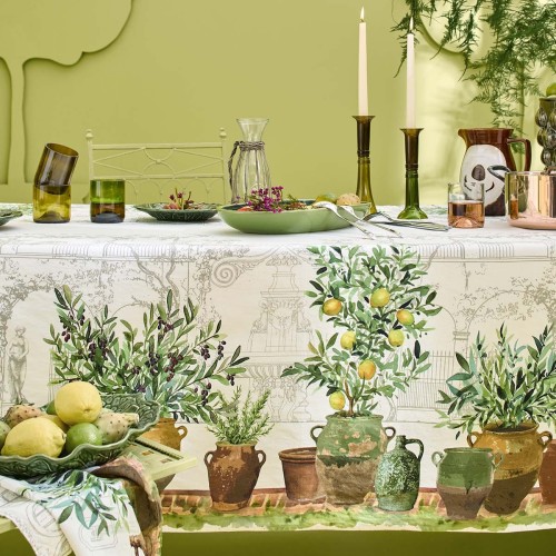 Petit carré déco imprimé métis lin/coton lavé Jardin provençal Olive, Garnier-Thiébaut