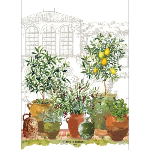 Torchons métis lin et coton lavé imprimé Jardin provençal Olive, Garnier-Thiébaut 