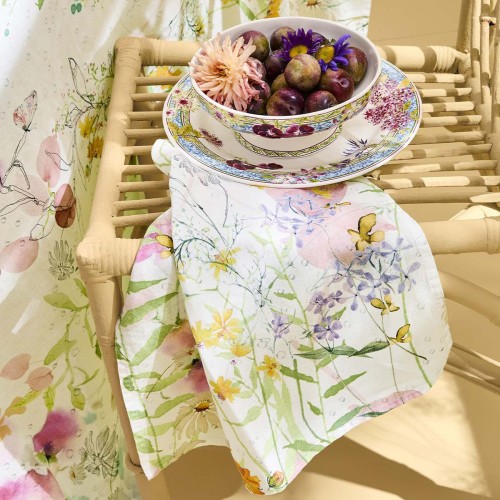 Serviettes de table métis lin et coton lavé imprimé Rosée du matin Printemps, Garnier-Thiébaut 
