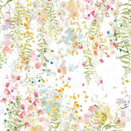 Petit carré déco métis lin et coton lavé imprimé Rosée du matin Printemps 115x115, Garnier-Thiébaut