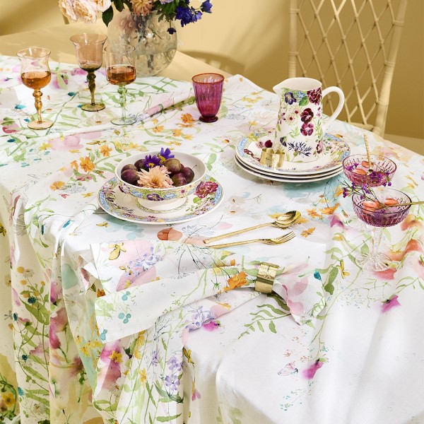 Petit carré déco métis lin et coton lavé imprimé Rosée du matin Printemps 115x115, Garnier-Thiébaut