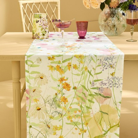 Chemin de table métis lin et coton lavé imprimé Rosée du matin Printemps, Garnier-Thiébaut