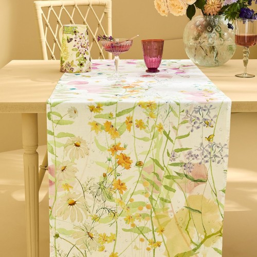 Chemin de table métis lin et coton lavé imprimé Rosée du matin Printemps, Garnier-Thiébaut