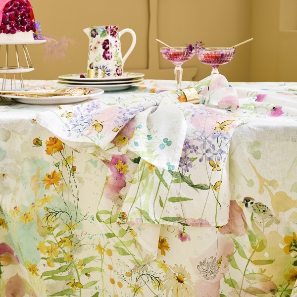 Serviettes de table métis lin et coton lavé imprimé Rosée du matin Printemps, Garnier-Thiébaut