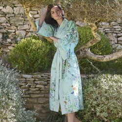 Kimono long imprimé en satin de coton 120 fils/cm² Le Printemps Azur, Garnier-Thiébaut