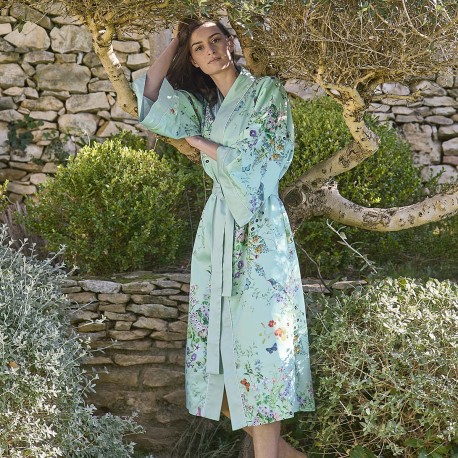 Kimono long imprimé en satin de coton 120 fils/cm² Le Printemps Azur, Garnier-Thiébaut