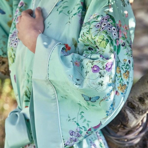 Kimono long imprimé en satin de coton 120 fils/cm² Le Printemps Azur, Garnier-Thiébaut