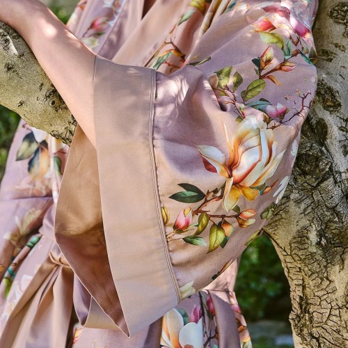 Kimono long imprimé en satin de coton 120 fils/cm² Magnolias Rose fumé, Garnier-Thiébaut