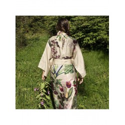 Kimono long imprimé en satin de coton 120 fils/cm² Parfum d'Orchidée Grège, Garnier-Thiébaut