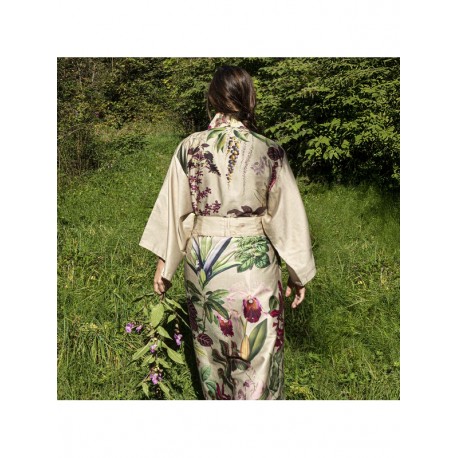 Kimono long imprimé en satin de coton 120 fils/cm² Parfum d'Orchidée Grège, Garnier-Thiébaut