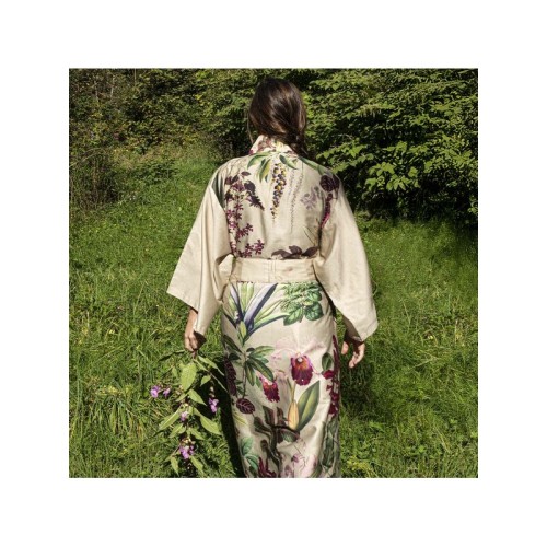 Kimono long imprimé en satin de coton 120 fils/cm² Parfum d'Orchidée Grège, Garnier-Thiébaut