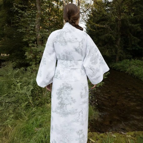 Kimono long imprimé en percale de coton 80 fils/cm² Poésie Verde, Garnier-Thiébaut
