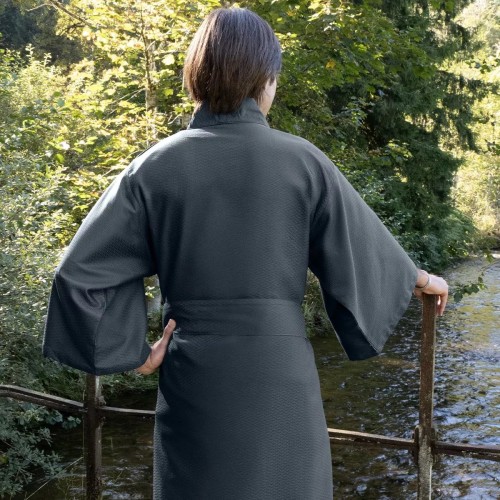 Kimono long jacquard en satin de coton 130 fils/cm² Vibrato Bleu nuit, Garnier-Thiébaut