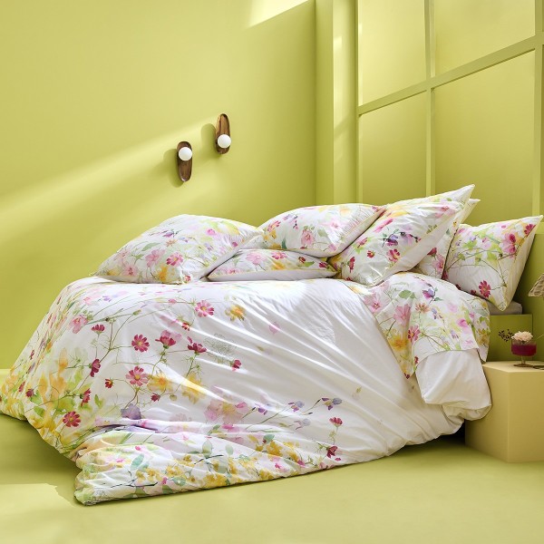 Garnier-Thiébaut - Parure de lit imprimée en percale de coton lavé 80 fils/cm² Souffle fleuri Printemps