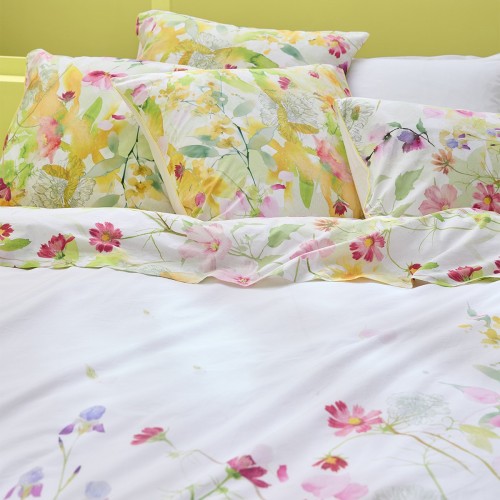 Garnier-Thiébaut -Taies d'oreiller imprimées en percale de coton lavé 80 fils/cm² Souffle fleuri Printemps