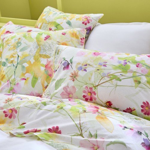 Garnier-Thiébaut -Taies d'oreiller imprimées en percale de coton lavé 80 fils/cm² Souffle fleuri Printemps