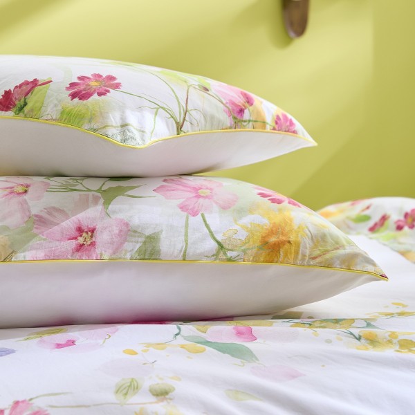 Garnier-Thiébaut -Taies d'oreiller imprimées en percale de coton lavé 80 fils/cm² Souffle fleuri Printemps