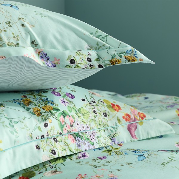 Garnier-Thiébaut -Taies d'oreiller imprimées en satin de coton 120 fils/cm² Le Printemps Azur