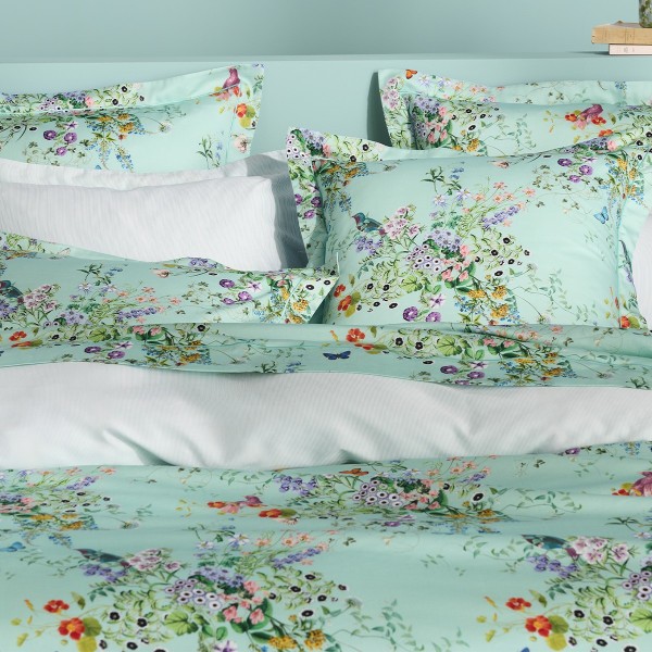 Garnier-Thiébaut -Taies d'oreiller imprimées en satin de coton 120 fils/cm² Le Printemps Azur
