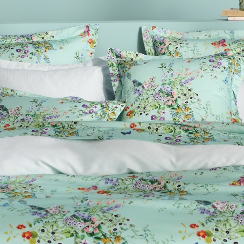 Garnier-Thiébaut -Taies d'oreiller imprimées en satin de coton 120 fils/cm² Le Printemps Azur