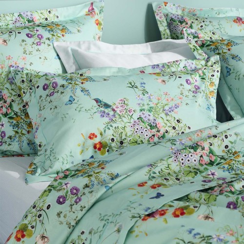 Garnier-Thiébaut -Taies d'oreiller imprimées en satin de coton 120 fils/cm² Le Printemps Azur