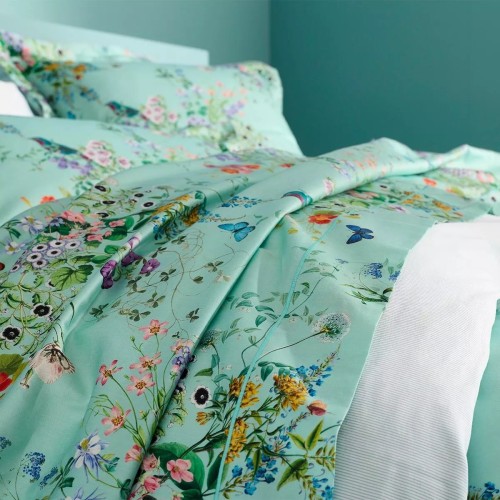 Garnier-Thiébaut - Drap plat imprimée en satin de coton 120 fils/cm² Le Printemps Azur