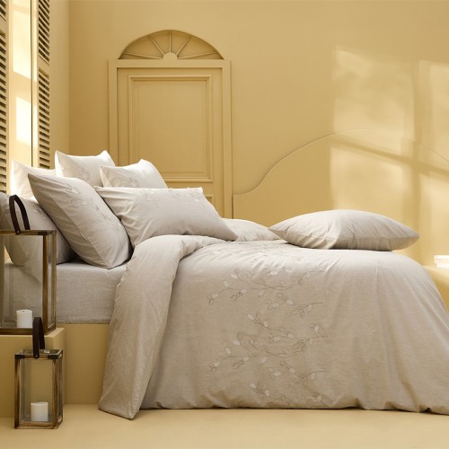 Garnier-Thiébaut - Parure de lit brodée en percale de coton 80 fils/cm² lavé, Monnaie du pape Naturel