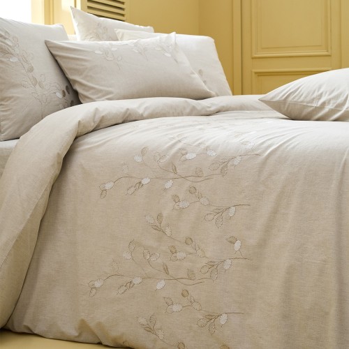 Garnier-Thiébaut - Parure de lit brodée en percale de coton 80 fils/cm² lavé, Monnaie du pape Naturel