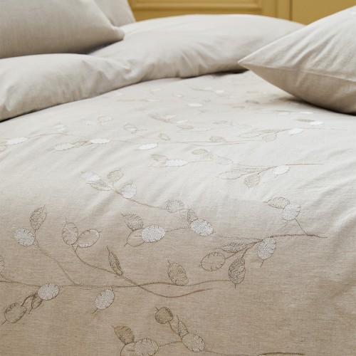 Garnier-Thiébaut - Parure de lit brodée en percale de coton 80 fils/cm² lavé, Monnaie du pape Naturel