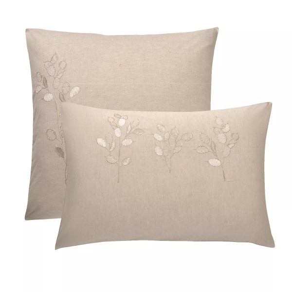 Garnier-Thiébaut - Taies d'oreiller brodées en percale de coton 80 fils/cm² lavé, Monnaie du pape Naturel