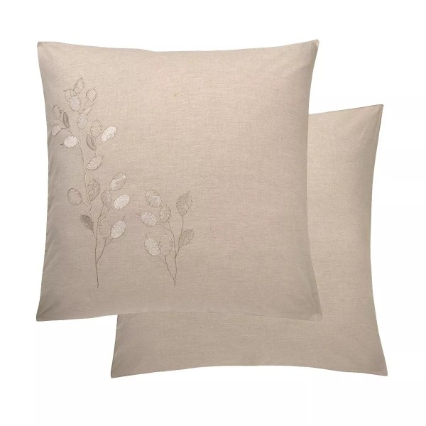 Garnier-Thiébaut - Taies carrées brodées en percale de coton 80 fils/cm² lavé, Monnaie du pape Naturel