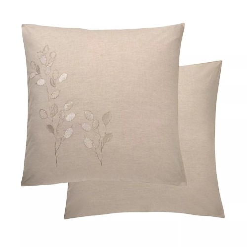 Garnier-Thiébaut - Taies carrées brodées en percale de coton 80 fils/cm² lavé, Monnaie du pape Naturel