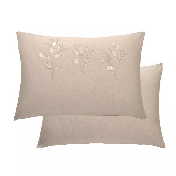 Garnier-Thiébaut - Taies rectangles brodées en percale de coton 80 fils/cm² lavé, Monnaie du pape Naturel