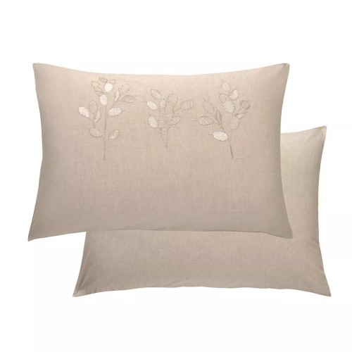 Garnier-Thiébaut - Taies rectangles brodées en percale de coton 80 fils/cm² lavé, Monnaie du pape Naturel