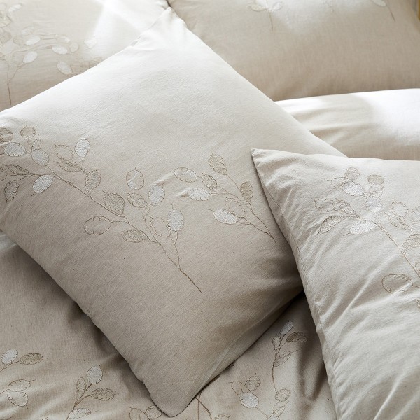 Garnier-Thiébaut - Taies d'oreiller brodées en percale de coton 80 fils/cm² lavé, Monnaie du pape Naturel