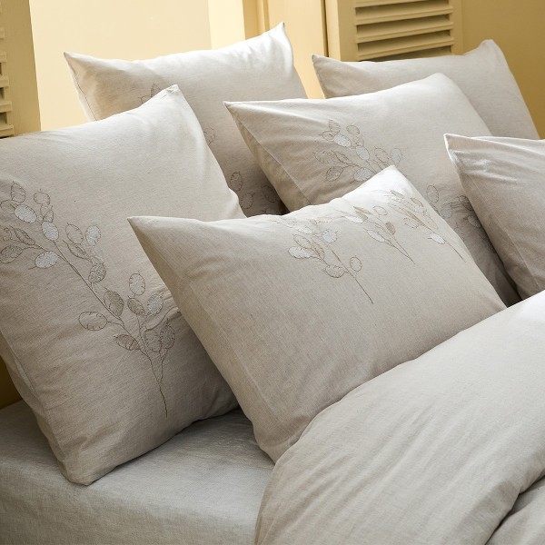Garnier-Thiébaut - Taies d'oreiller brodées en percale de coton 80 fils/cm² lavé, Monnaie du pape Naturel