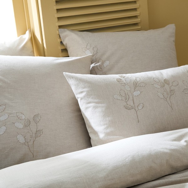 Garnier-Thiébaut - Taies d'oreiller brodées en percale de coton 80 fils/cm² lavé, Monnaie du pape Naturel